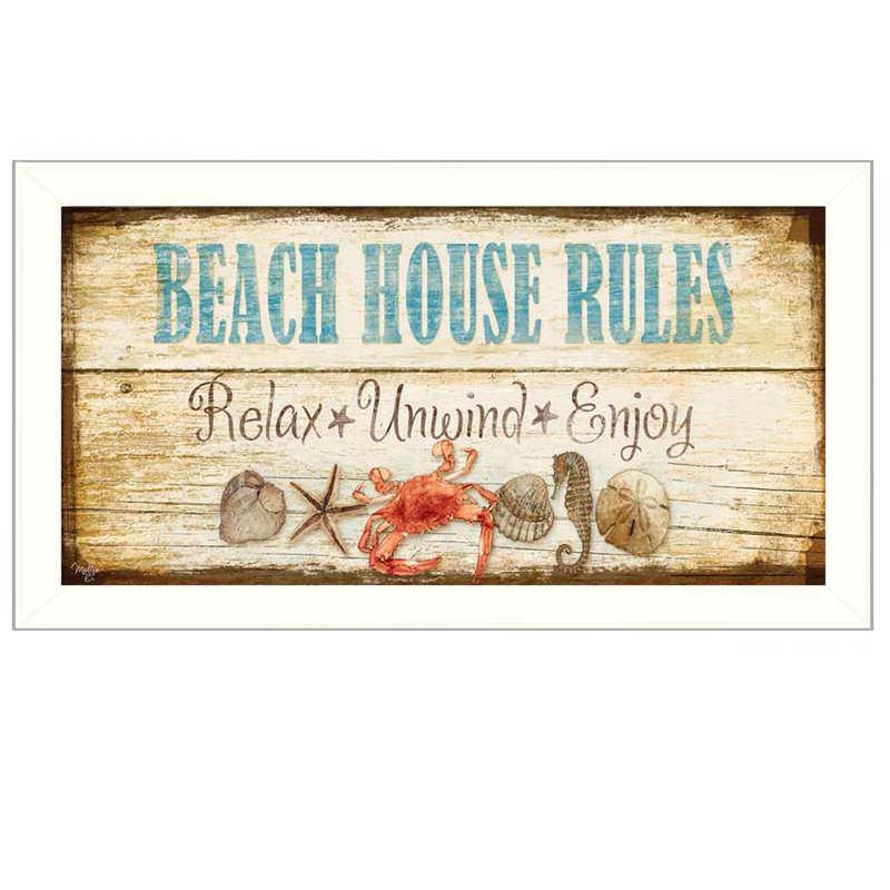 "Beach House Rules" par Mollie B., reproduction d'art mural, affiche prête à accrocher, cadre blanc