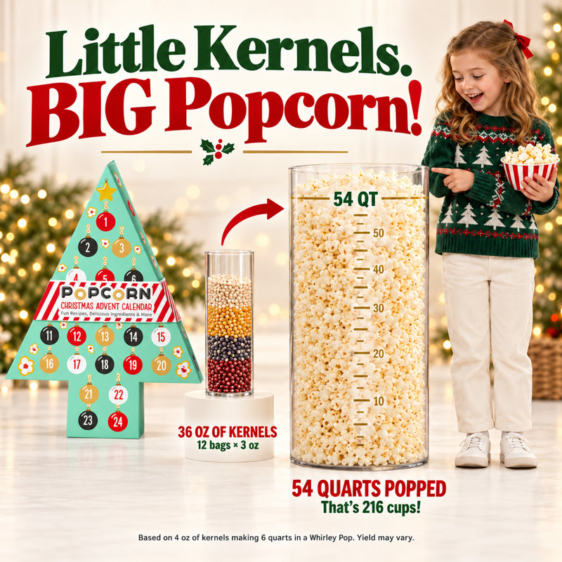 Wabash Valley Farms 24-Day Christmas Popcorn Advent Calendar – Christmas Tree Countdown with Popcorn Treats, Seasonings, Recipes & Surprises