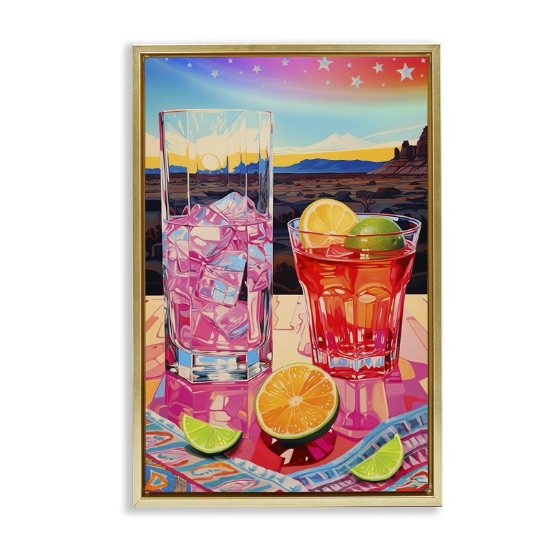 «Cocktail at Sunset View Floater» par Jess Stempel, H 31 po x l 21 po, Cadre flottant métallique doré
