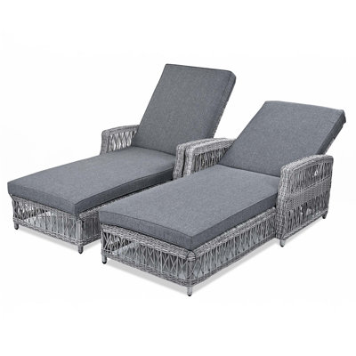 2 Pieces Long Reclining Chaise, Outdoor Wicker Lounge With Armrests, Patio Adjustable Recliner