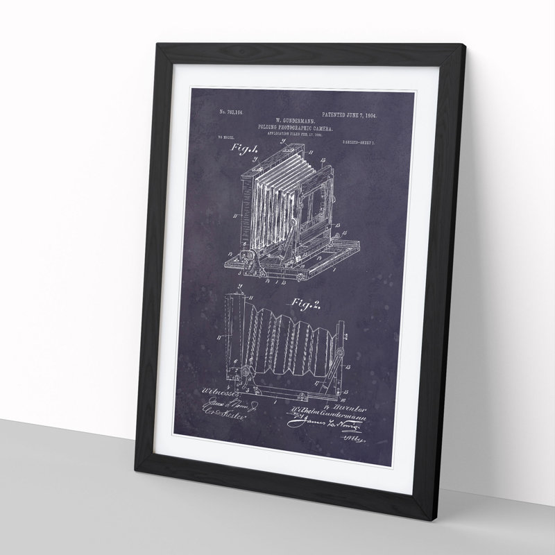 Camera Patent Dark - Picture Frame Painting, 65cm H x 48cm W x 2cm D, Black Framed