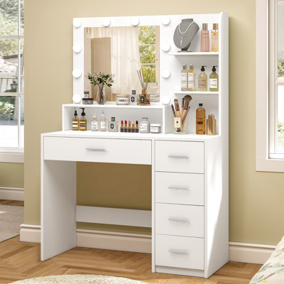 Vanity Desk With Mirror And Lights, Makeup Vanity With 5 Drawers And 3 Storage Shelves, 3 Color Modes & Adjustable Brightness Dressing Table, Vanity Desk For Bedroom