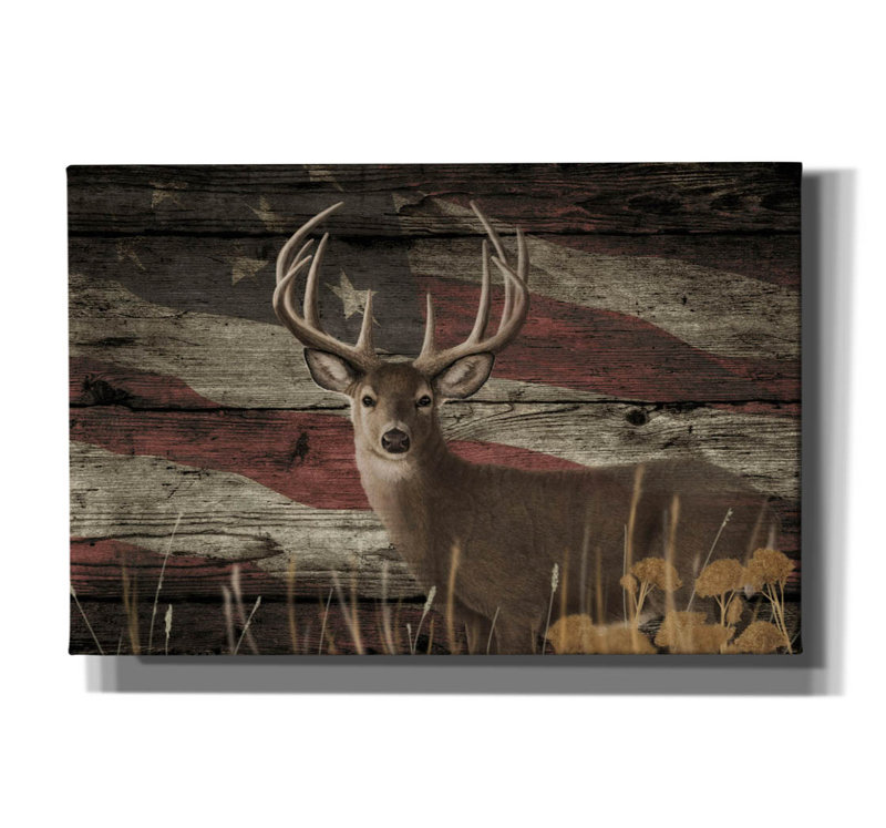"Woodgrain Antiques Whitetail Buck 3" par Gordon Semmens, H 12 po x l 18 po x P 0,75 po