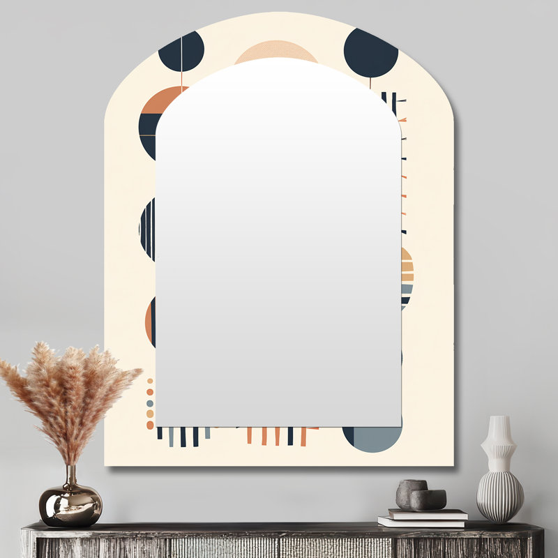 Géométrique équilibre pastel orange gris circulaire II - grand miroir moderne asymétrique Mid-Century, décor de miroir mural unique arche moderne, impression d'art en métal