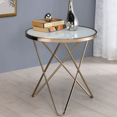 Table de bout ronde avec plateau en verre givré, base en «V» à chevauchement champagne, verre de 5 mm, pour le salon, sans rangement, kd, garniture en métal, table basse ou utilisation, table de chambre en champagne, non trempé