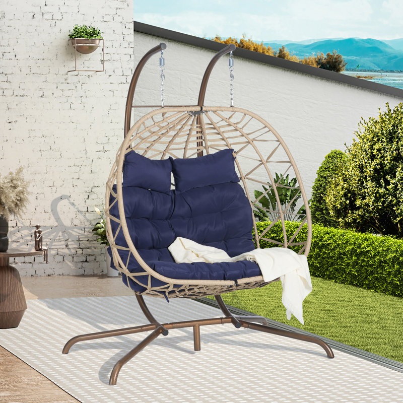 Double chaise à œufs avec support suspendu pour l'intérieur et l'extérieur, Bleu très foncé, Kaki