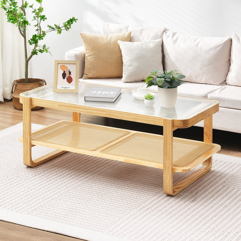 Table basse en rotin, table basse de rangement moderne bohème de 114 cm avec pieds en bois naturel, table basse rectangulaire en rotin tressé et bois avec plateau en verre trempé, idéale pour la chambre et les petits espaces, conçue pour le salon.