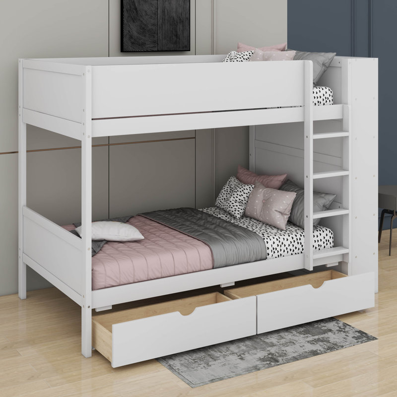 Lit superposé simple au-dessus de simple avec 2 tiroirs et une armoire, Lit superposé simple sur simple, Blanc