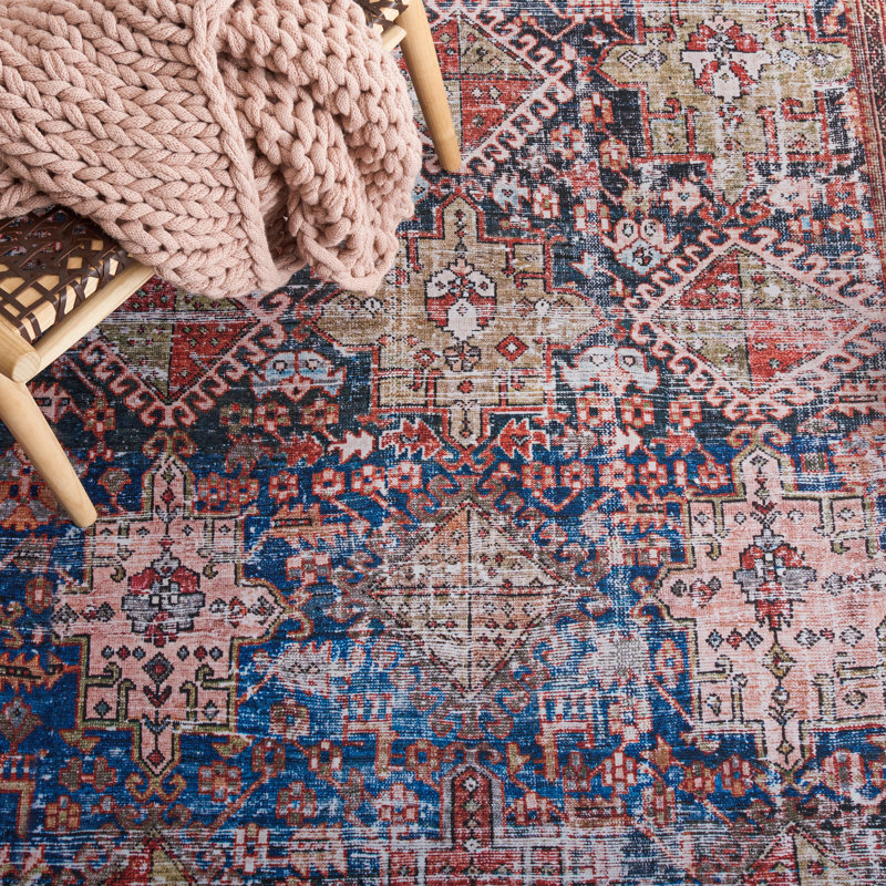 Tucson Vintage Look Machine Washable Non-Slip Area Rug in Red & Dark Blue, Rectangle 183 x 274 cm