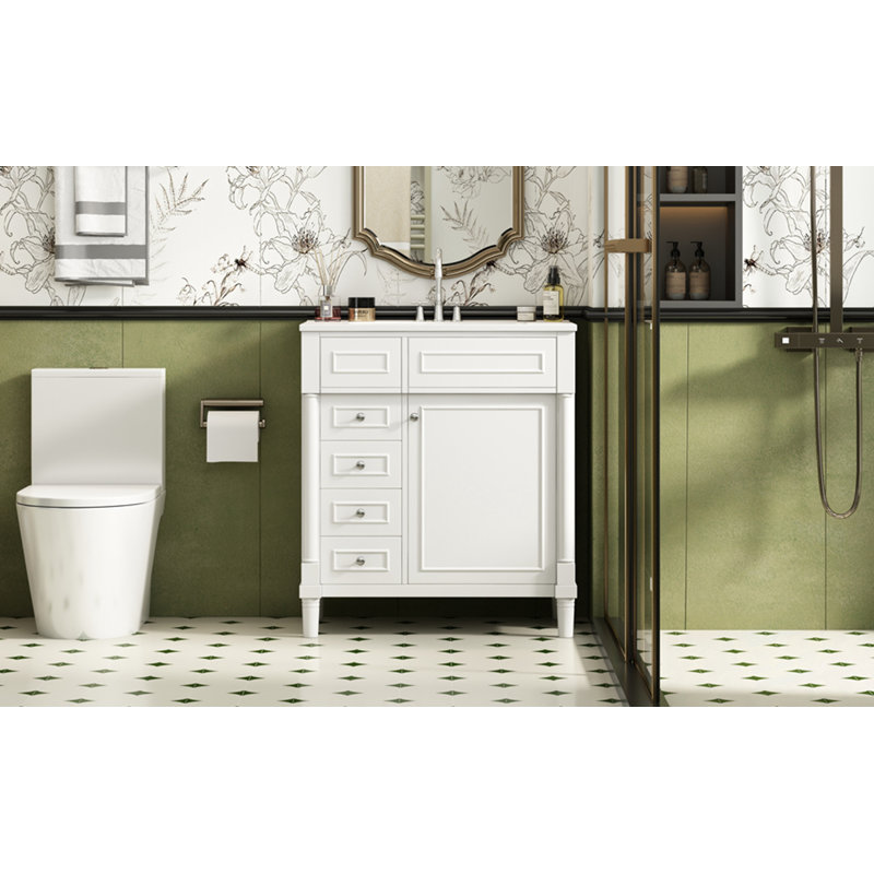 Meuble-lavabo avec lavabo, 2 tiroirs et poignées en métal, Blanc