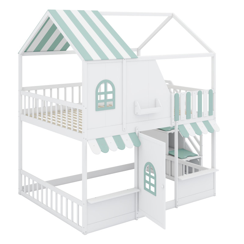 Lit superposé Fun Playhouse avec tablettes intégrées et rangement pour escalier, White+Mint Green