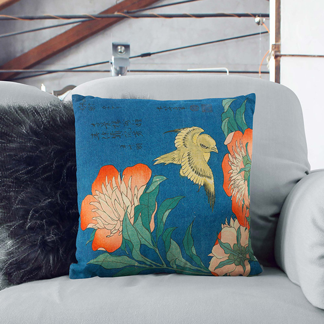 Canary and Peony by Katsushika Hokusai Cushion with Filling