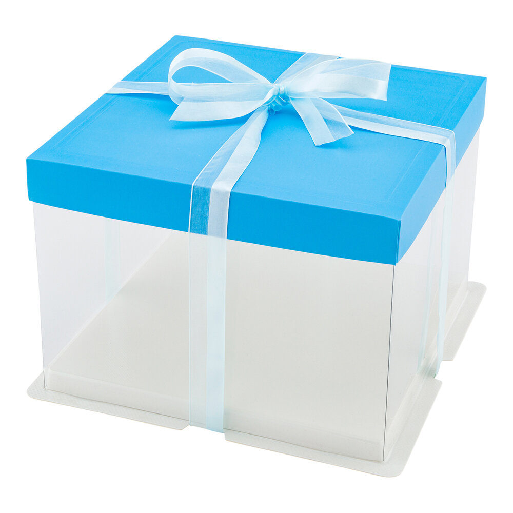 Sweet Vision Square Clear Plastic Cake Box - White Base, Gray Ribbon - 10 inch x 10 inch x 6 3/4 inch - 10 Count Box