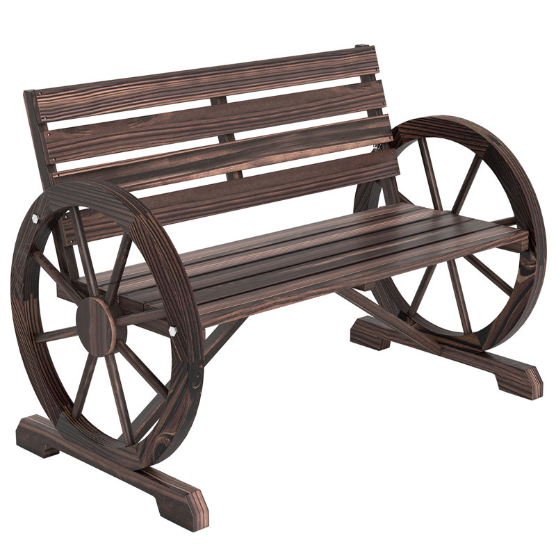 Banc de jardin extérieur en bois massif de 104 cm (41 pouces), style roue de chariot, avec dossier, supportant jusqu'à 250 kg (550 livres), en sapin massif, fini brun carbonisé.
