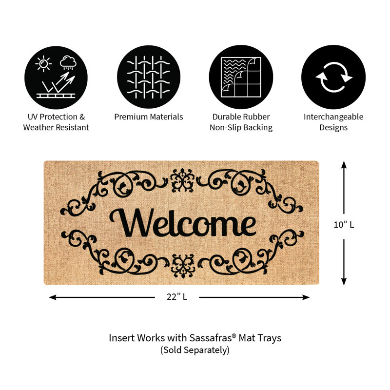 Beige and Black Rubber Outdoor Welcome Mat with Scroll Design