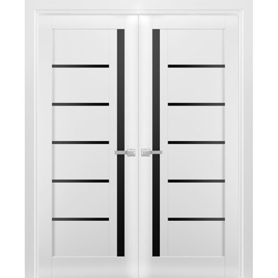 Portes doubles françaises massives Quadro 4588 Blanc Soie avec vitrage noir, cadre en bois massif, portes robustes pour chambre ou garde-robe - 91,4 x 213,8 cm (2 x 45,7 x 213,8 cm) - Vitrage noir