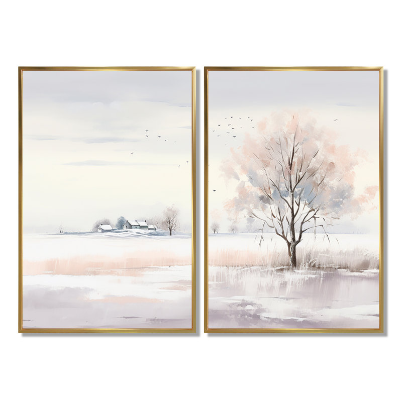 Hiver paysage minimaliste - art mural paysage d'hiver, H 36 po x l 48 po, Impression encadrée flottante, Doré