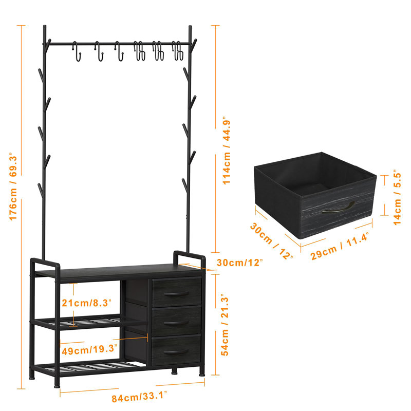 Hall Tree 84cm Wide with Bench and Shoe Storage, Black