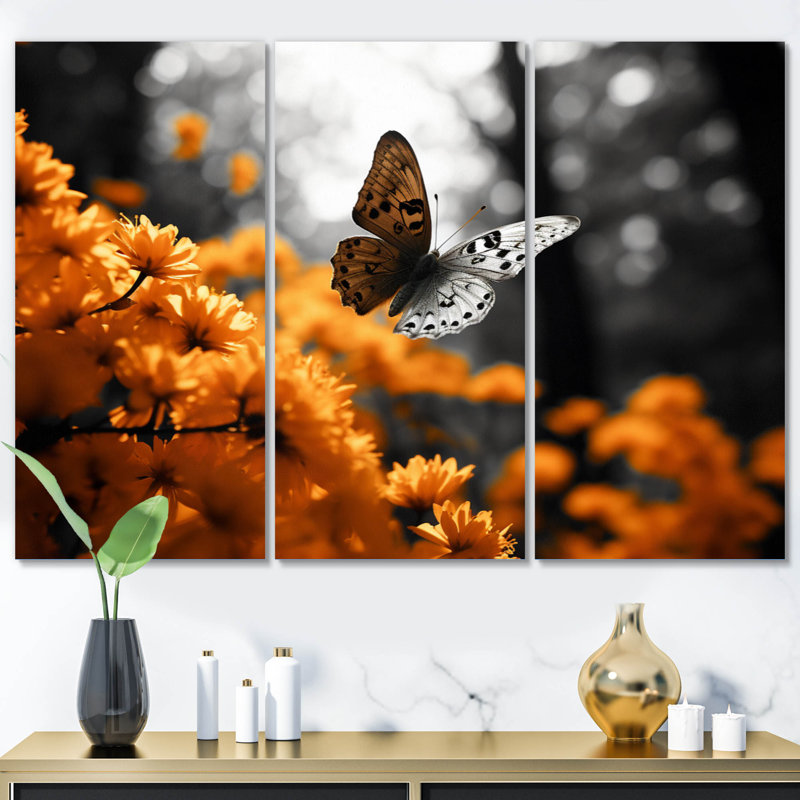 Papillon orange gris flottant grâce sur toile, 3 pièces, H 32 po x l 48 po x P 1 po
