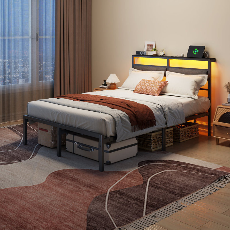 Full Size Metal Bed Frame with Upholstered Headboard, LED Lights & Charging Station, Ample Storage, No Box Spring Required
