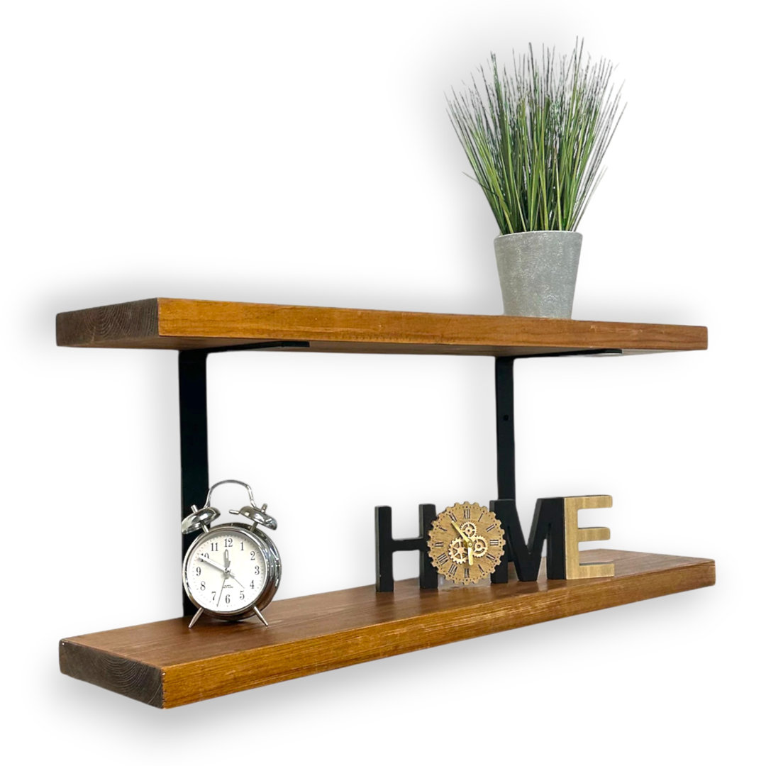 Double Rustic Wooden Shelves Wall-Mounted Shelf With Seated Double Black L Brackets (Rustic Pine)
