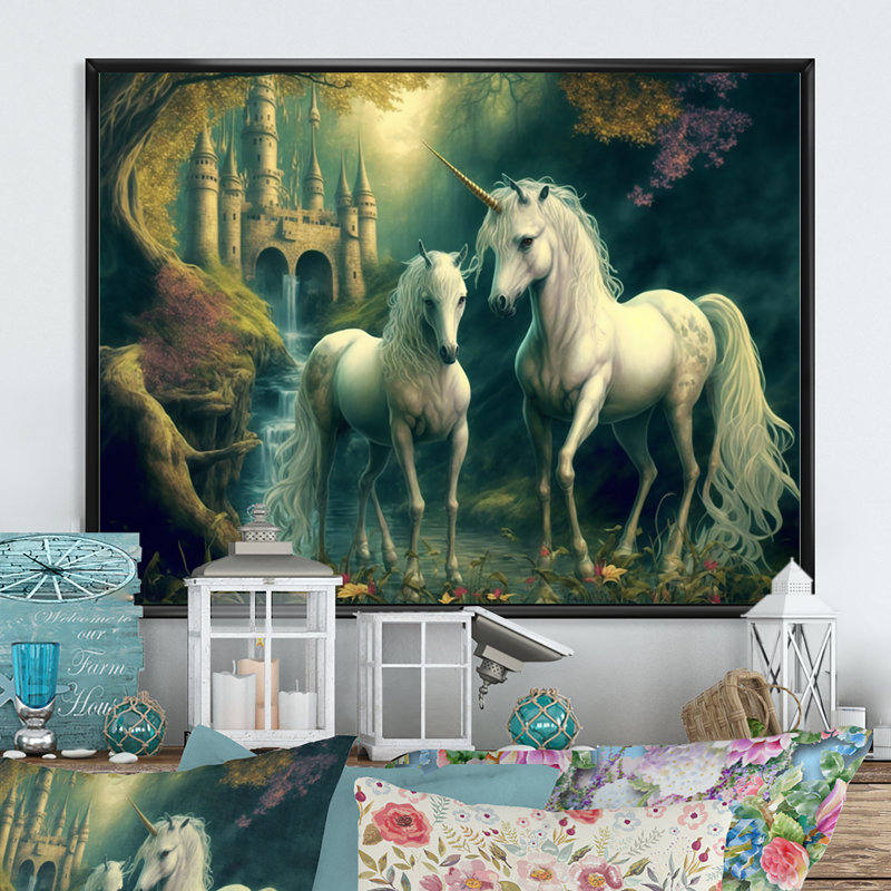 Deux gracieuses licornes dans un paysage fantastique - reproduction sur toile, H 16 po x l 32 po x P 1 po