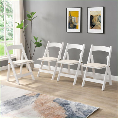 Set of 4 Upholstered Folding Accent Chairs, Space Saving Portable Chair Seating with Beige Cushion and Off-White Frame for Dining Room, Adults
