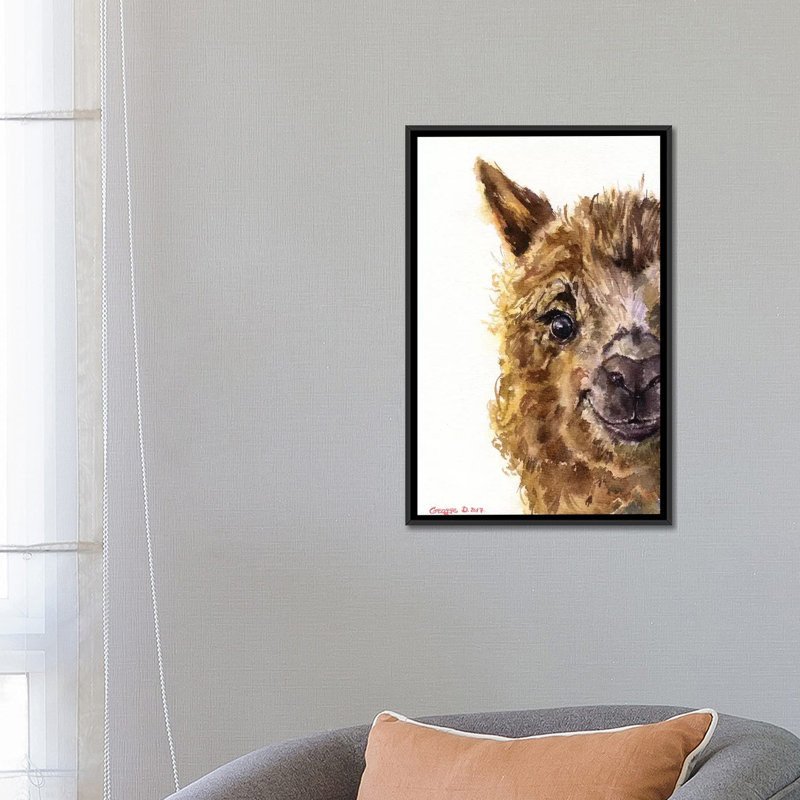 Reproduction de lama sur toile, H 26 po x l 18 po x P 1,5 po, Toile avec cadre noir, Pas de tapis