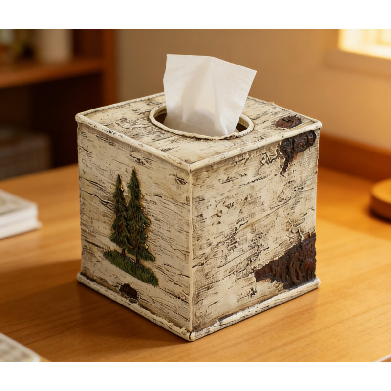 Couvercle de boîte à mouchoirs ours noir et bouleau, accessoire de salle de bain rustique à décor de nature réaliste