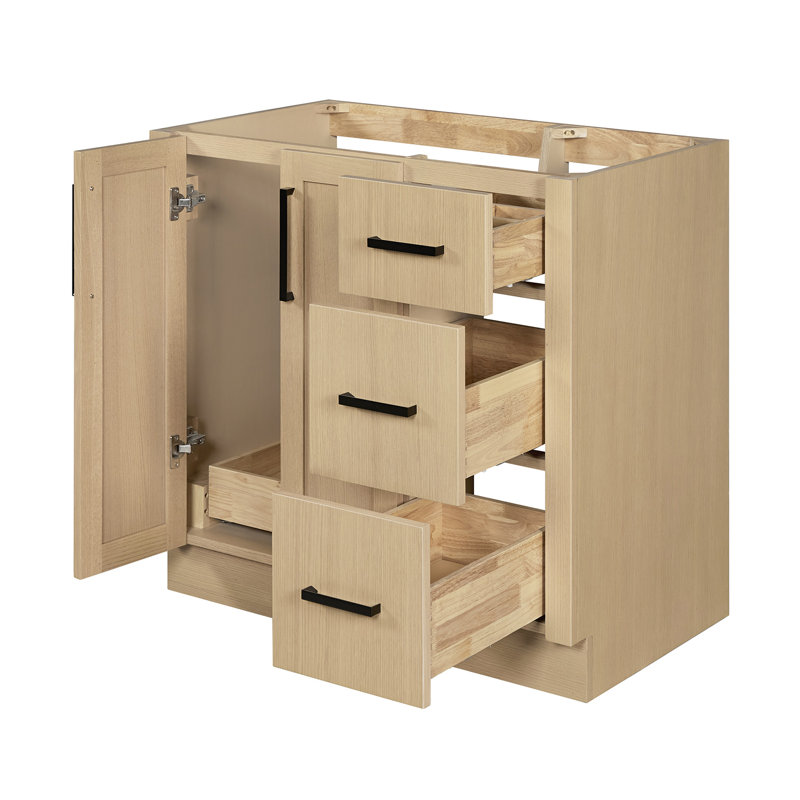 Meuble-lavabo de salle de bain avec lavabo ovale simple décalé à gauche de 91 cm (36 po) et comptoir en quartz blanc de Carrare de 3,8 cm (1,5 po) en chêne naturel