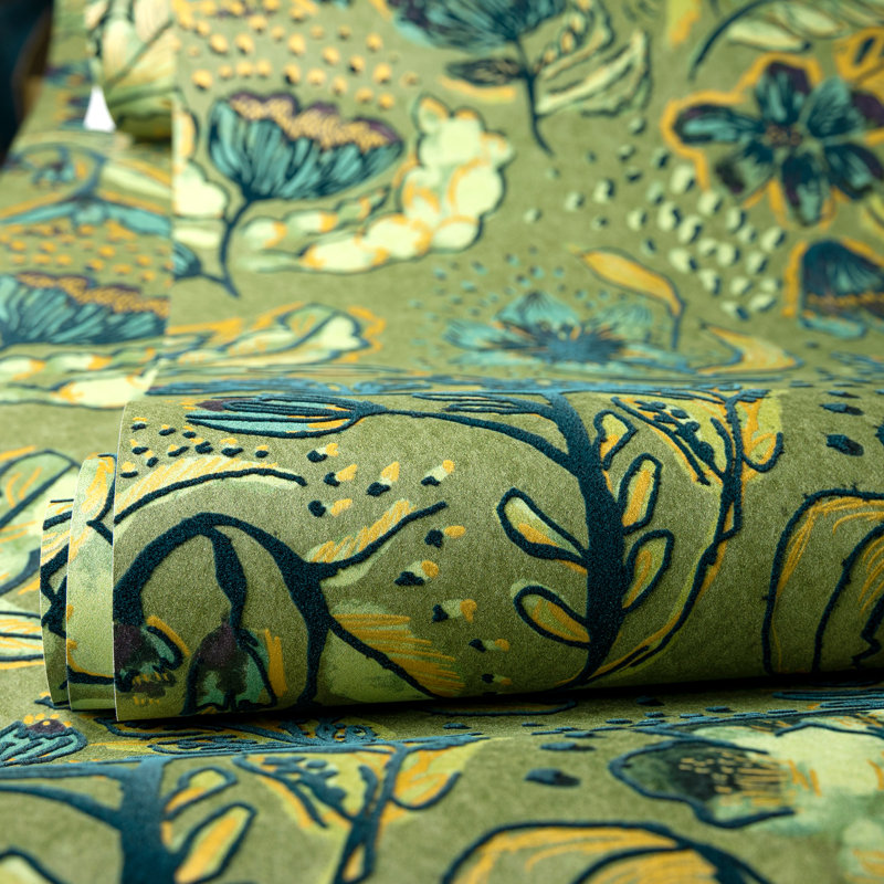 Chelchowska Pepper Collection Flocked Wild Flower Felice 10.05m x 53cm Wallpaper Roll, Yellow/Green