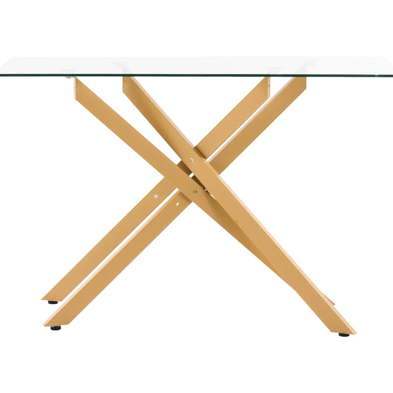 Table basse géométrique moderne avec croix en fer doré - pieds et verre trempé épais de 8 mm. Coussinets de pieds réglables, 45 po de profondeur, 18 po de largeur, 30 po de hauteur. Idéal pour le salon