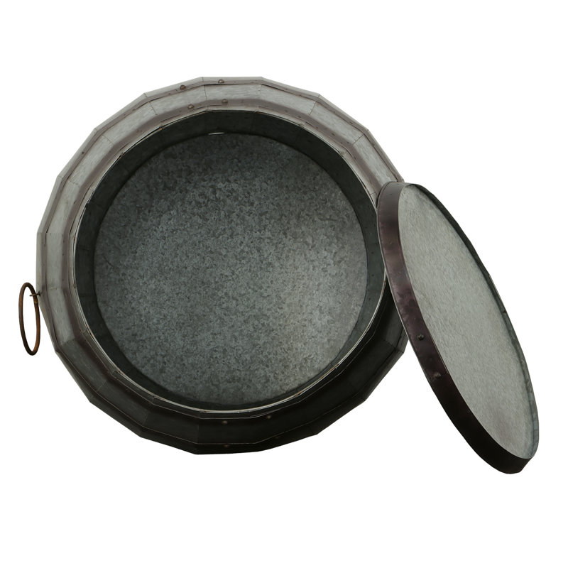 Table de rangement cylindrique en tonneau avec couvercle amovible, brun rustique et métal gris