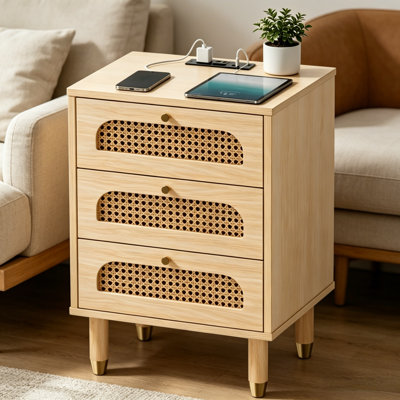 Table de chevet bohémienne à tiroir en rotin, table de chevet à trois tiroirs avec prise de charge, port USB, armoire de rangement de chevet multifonctionnelle pour chambre à coucher, 12 * 11 * 22 pouces