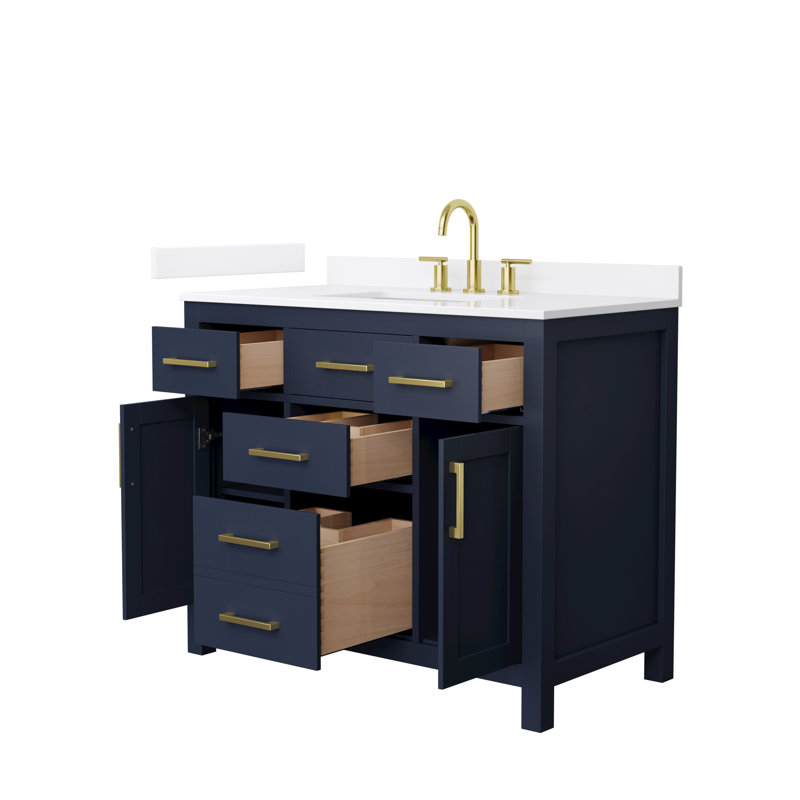 Meuble-lavabo simple autoportant de 42 po avec plateau en quartz Beckett, Bleu très foncé, Or brossé, Quartz blanc