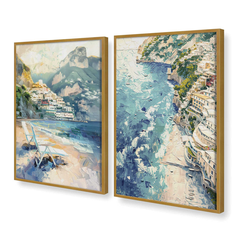 Ensemble de 2 pièces encadrées sur papier "Positano" par Azure Artisanal Studio, Or poli, H 15,25 po x l 24,5 po x P 1,25 po