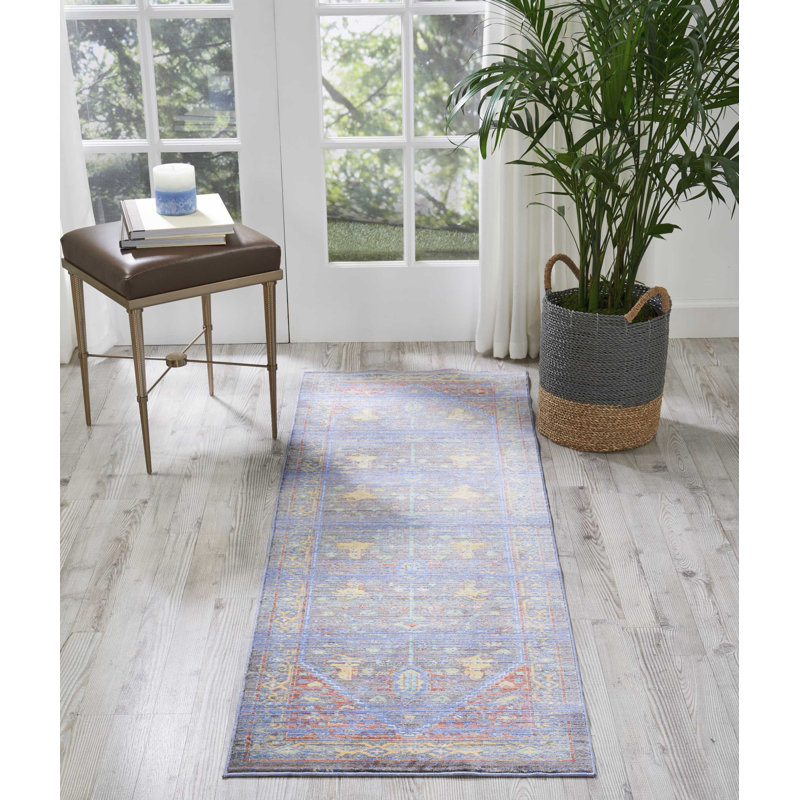 Tapis oriental bleu / bleu marine / rouge / jaune Portillo, Tapis de couloir 2 pi 3 po x 7 pi 1 po