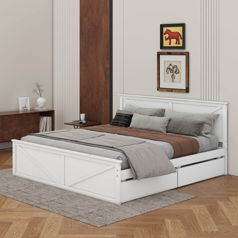 Lit plateforme en bois avec tiroirs, Blanc, Roi