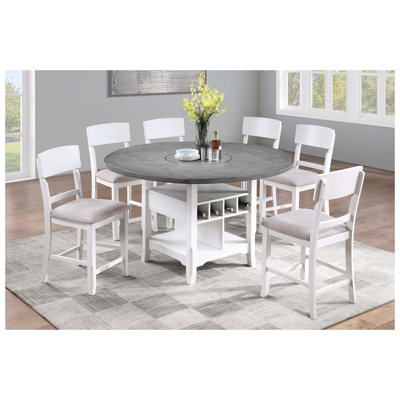 Table de salle à manger à hauteur de comptoir ronde antique blanche et grise avec plateau tournant et tablette de rangement intégrée