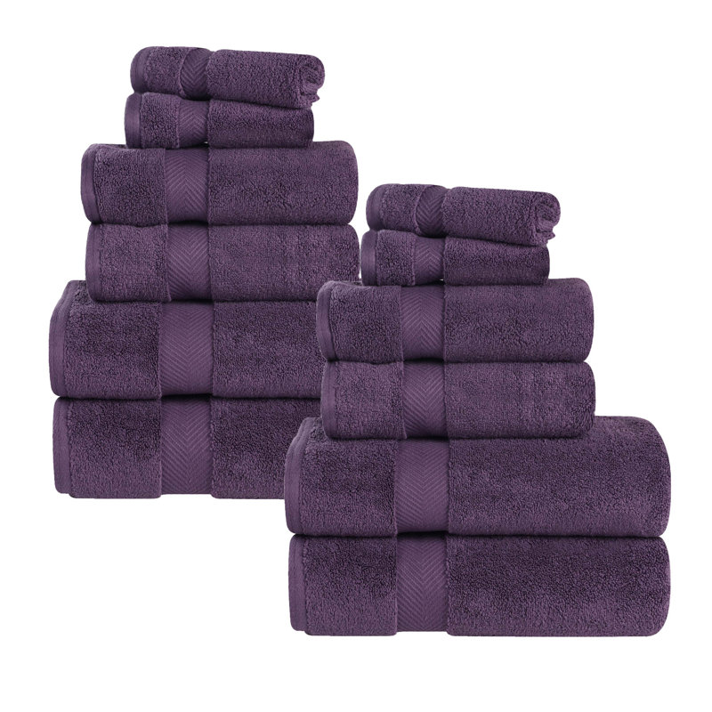 Fatih Zero Twist Cotton Solid Chevron Dobby Border Super Soft Absorbent 12 Piece Assorted Towel Set, Grape Seed