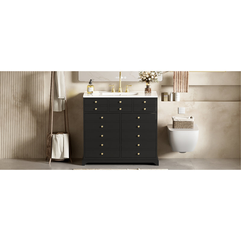 36'' Bathroom Vanity With Ceramic Sink Combo, Solid Wood Frame Bathroom Storage Cabinet, Freestanding Vanity Set With 2 Drawers& Soft Closing Doors, Black
