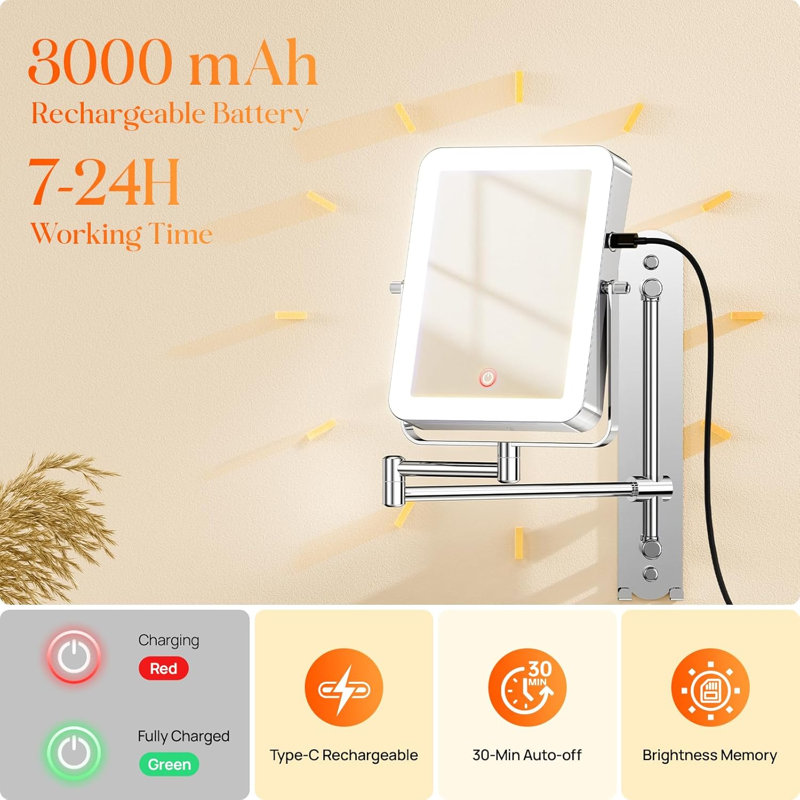 Height Adjustable Wall Mounted Lighted Makeup Mirror with Hooks, 3000mAh Rechargeable