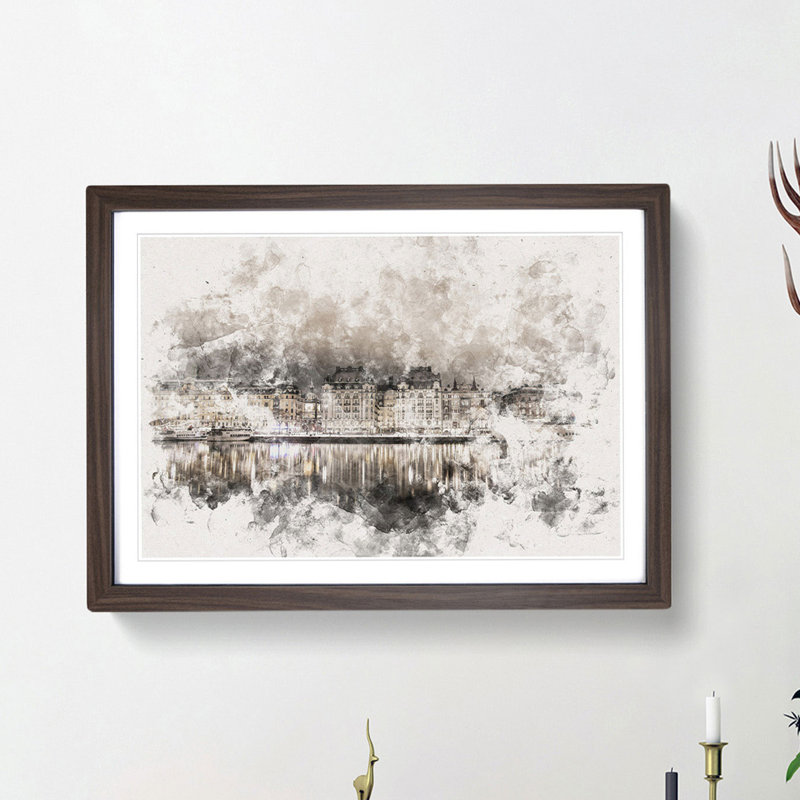 Reflection of Stockholm in Sweden - Picture Frame Painting Print, 24cm H x 33cm W x 2cm D, Walnut Framed