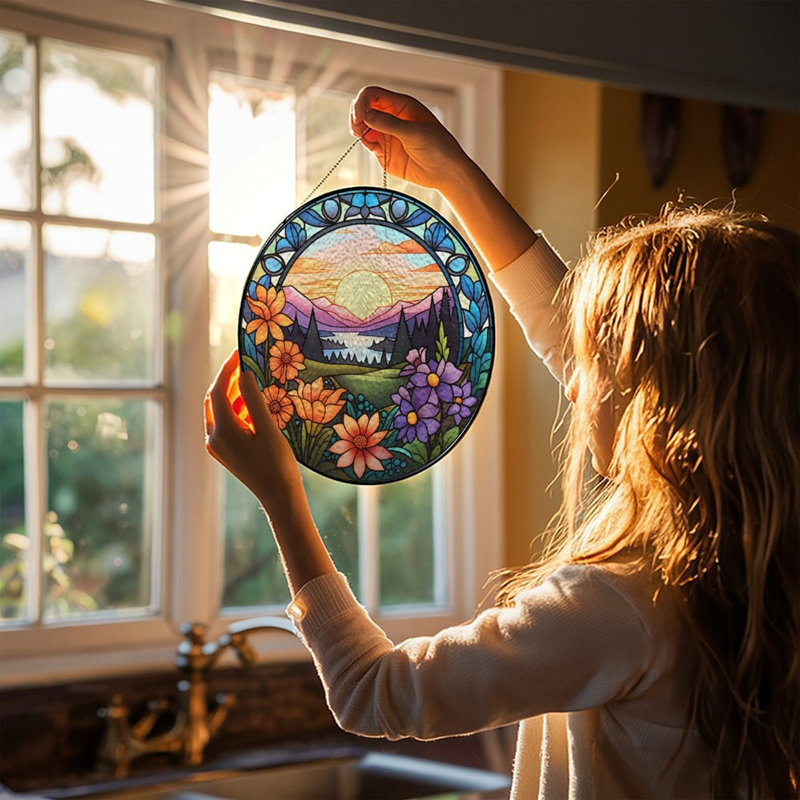 Décorations pour fenêtre en verre coloré Mountain Sunset, 7,8 x 7,8 po (20 x 20 cm)
