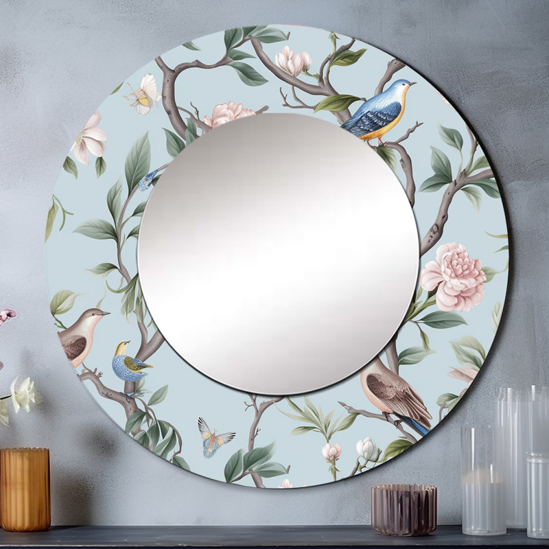 Minimalism Bird On Flowers VII - Bird Mirror, Modern Round Unique Wall Mirror, Printed Metal Art, 29" x 29"