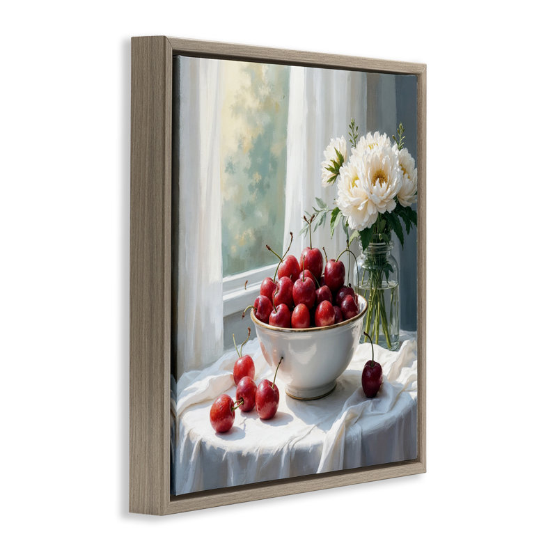Cadre flottant cerises et fleurs nature morte, design par lettré et doublé, Cadre flottant orme Montalcino, H 18 po x l 18 po