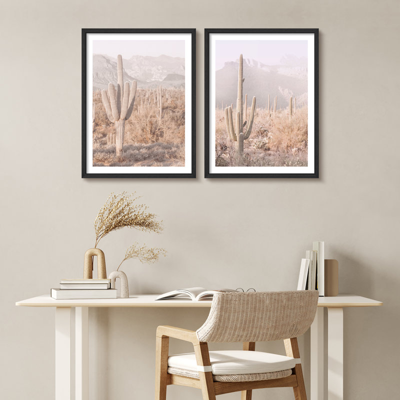 «Southwestern Cactus Desert», œuvre d'art moderne, affiches encadrées, salle de bain, petit art mural, Blanc / Blanc