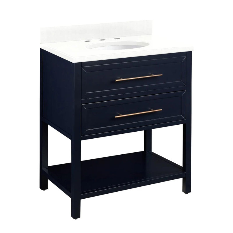 30" Robertson Single Bathroom Vanity Set with Oval Undermount Sink, 8" Widespread, Feathered White Quartz, Midnight Navy Blue