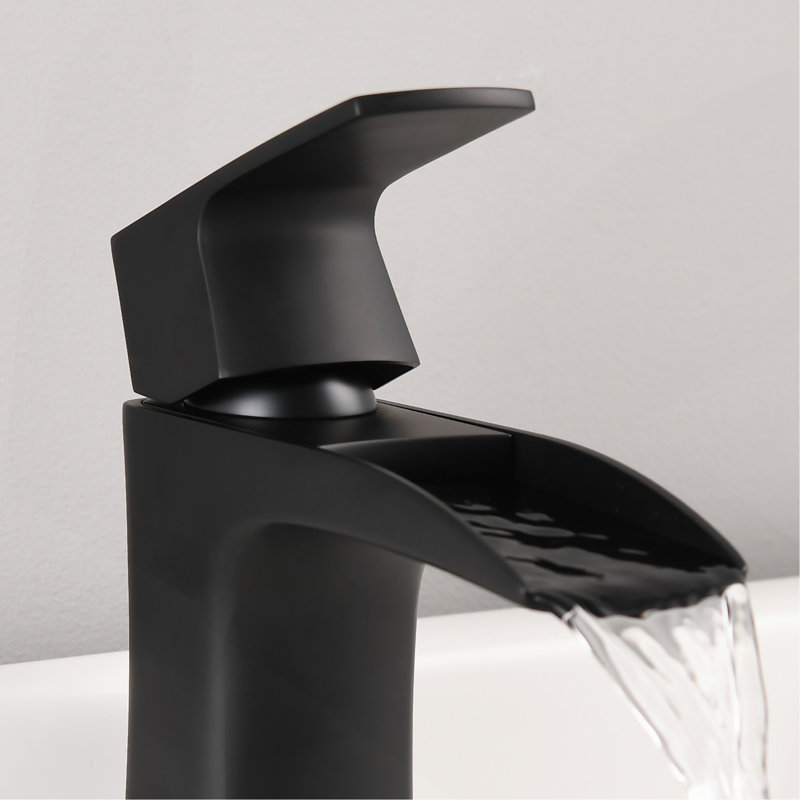 Robinet de salle de bain Waterfall - Robinet en laiton à poignée simple avec drain, 1 trou noir mat, Noir mat