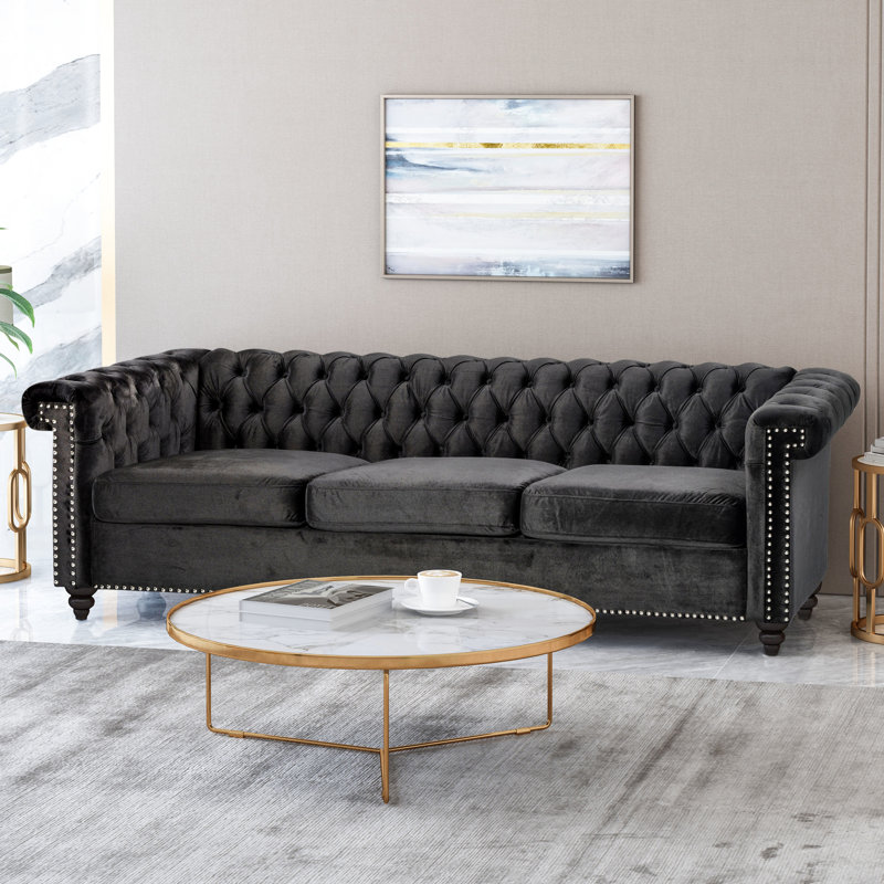 Velours noir 3 avec design classique et touche de charme 3 places au toucher profond capitonné